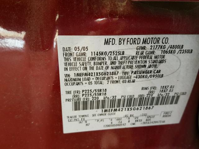 1MEFM421X5G621867 - 2005 MERCURY MONTEGO PR RED photo 10