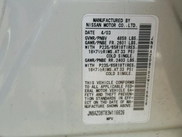 JN8AZ08T83W116626 - 2003 NISSAN MURANO SL WHITE photo 10