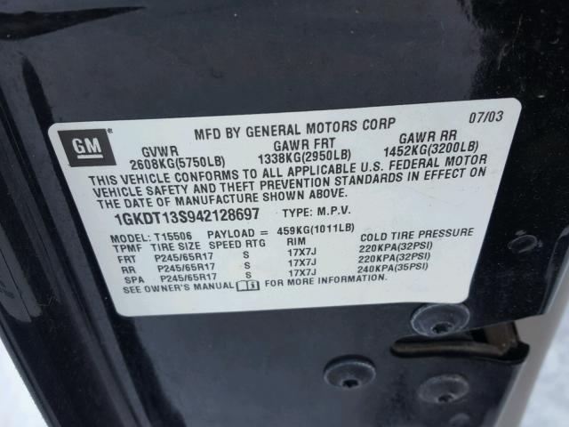 1GKDT13S942128697 - 2004 GMC ENVOY BLACK photo 10