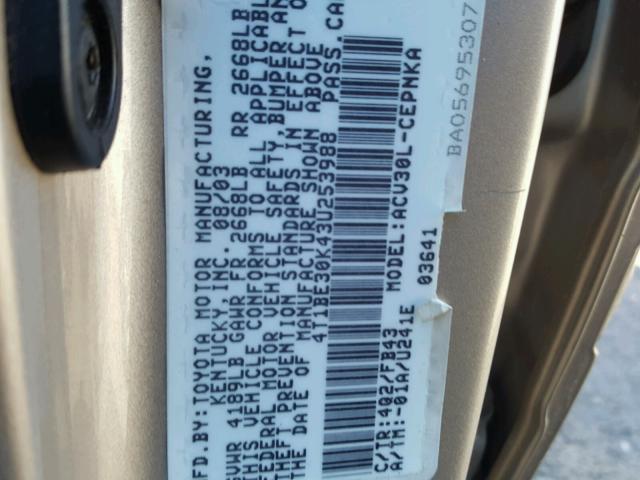 4T1BE30K43U253988 - 2003 TOYOTA CAMRY LE თაფლისფერი ფოტო 10