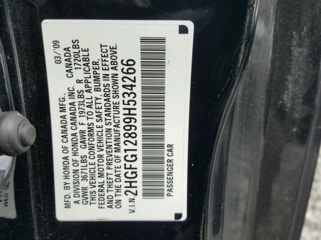 2HGFG12899H534266 - 2009 HONDA CIVIC EX BLACK photo 10