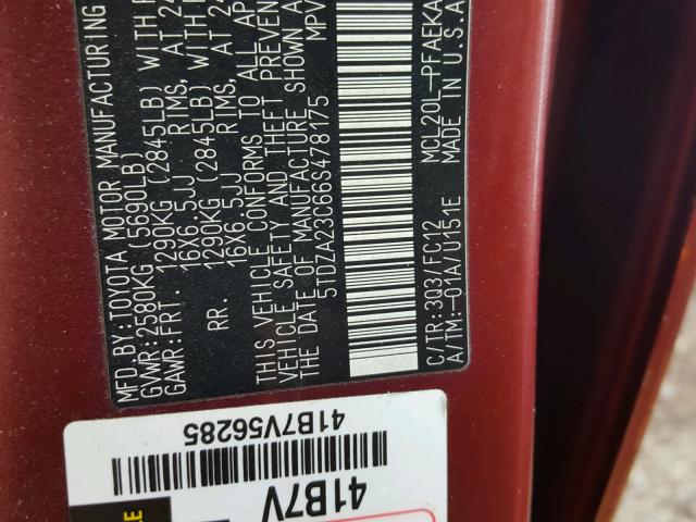 5TDZA23C66S478175 - 2006 TOYOTA SIENNA CE BURGUNDY photo 10