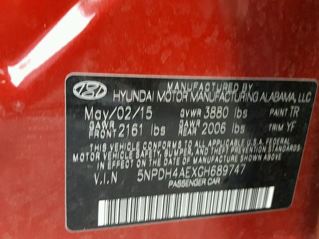 5NPDH4AEXGH689747 - 2016 HYUNDAI ELANTRA SE RED photo 10