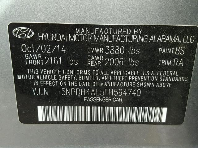 5NPDH4AE5FH594740 - 2015 HYUNDAI ELANTRA SE GRAY photo 10