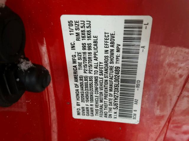 5J6YH273X6L002489 - 2006 HONDA ELEMENT LX RED photo 10