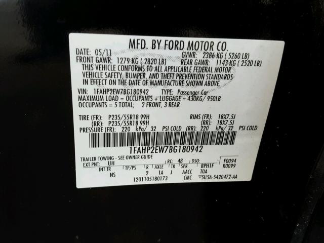 1FAHP2EW7BG180942 - 2011 FORD TAURUS SEL BLACK photo 10