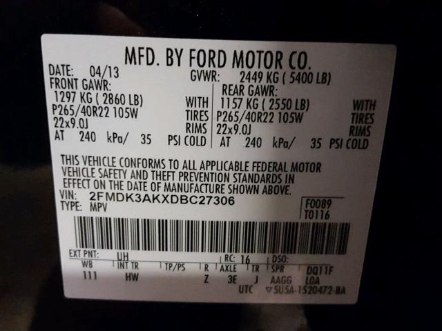 2FMDK3AKXDBC27306 - 2013 FORD EDGE SPORT GREEN photo 10