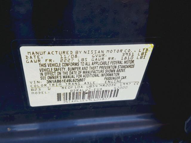 3N1AB61E49L625807 - 2009 NISSAN SENTRA 2.0 BLUE photo 10