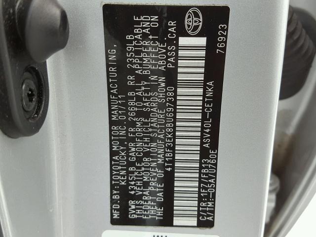 4T1BF3EK8BU697380 - 2011 TOYOTA CAMRY BASE SILVER photo 10