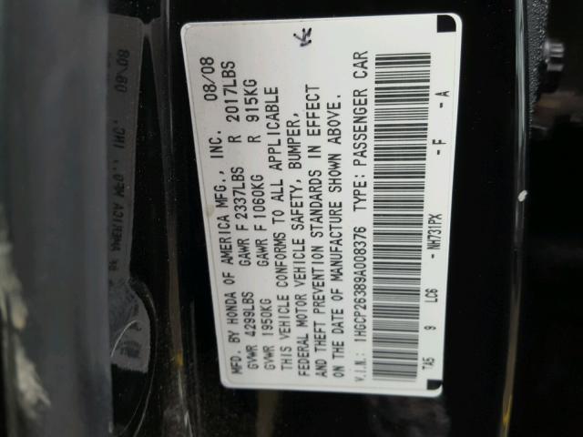 1HGCP26389A008376 - 2009 HONDA ACCORD LX BLACK photo 10