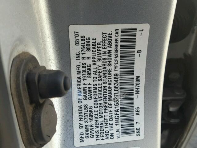 1HGFA16827L063489 - 2007 HONDA CIVIC EX SILVER photo 10