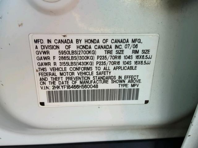 2HKYF18466H560048 - 2006 HONDA PILOT EX WHITE photo 10