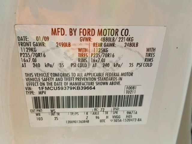 1FMCU59379KB39664 - 2009 FORD ESCAPE HYB WHITE photo 10