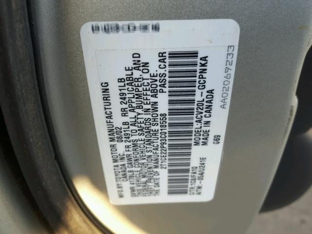 2T1CE22P93C018558 - 2003 TOYOTA CAMRY SOLA SILVER photo 10