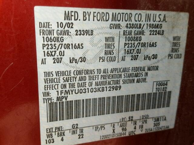 1FMYU03103KB12989 - 2003 FORD ESCAPE XLT RED photo 10