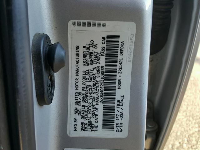 1NXBU40E29Z109559 - 2009 TOYOTA COROLLA BA SILVER photo 10