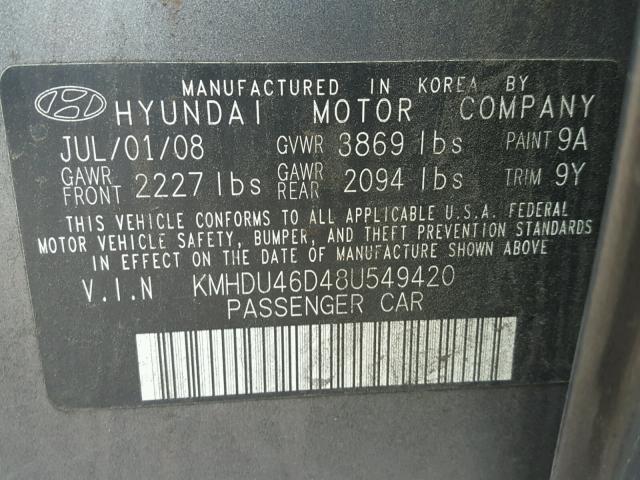 KMHDU46D48U549420 - 2008 HYUNDAI ELANTRA GL GRAY photo 10