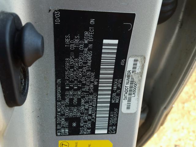 JTJHA31U140044921 - 2004 LEXUS RX 330 SILVER photo 10