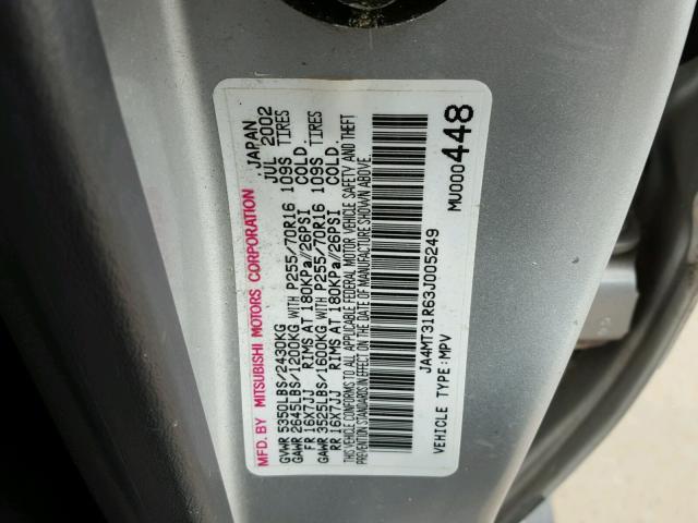 JA4MT31R63J005249 - 2003 MITSUBISHI MONTERO SP SILVER photo 10