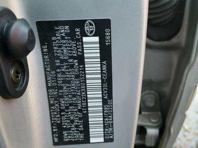 4T1BE32KX6U152214 - 2006 TOYOTA CAMRY LE ვერცხლისფერი ფოტო 10