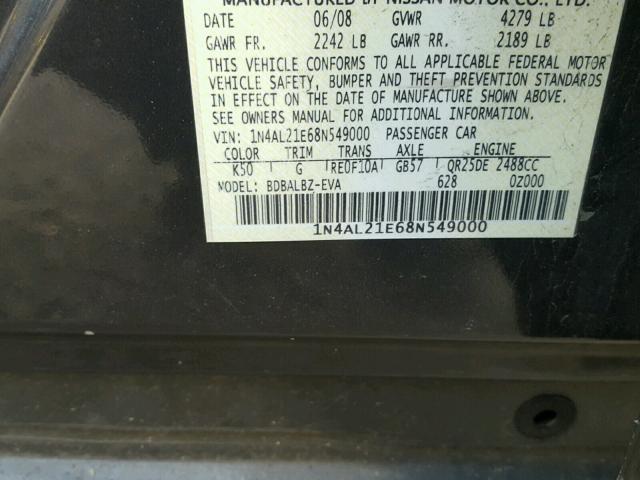 1N4AL21E68N549000 - 2008 NISSAN ALTIMA 2.5 CHARCOAL photo 10