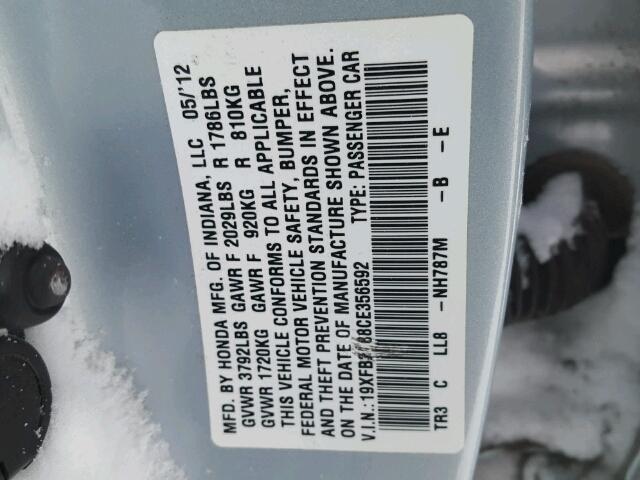 19XFB2F88CE356592 - 2012 HONDA CIVIC EX BLUE photo 10