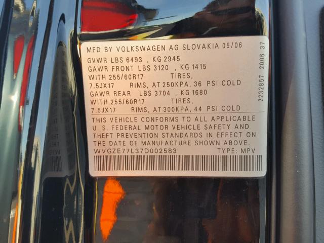 WVGZE77L37D002583 - 2007 VOLKSWAGEN TOUAREG V6 BLACK photo 10