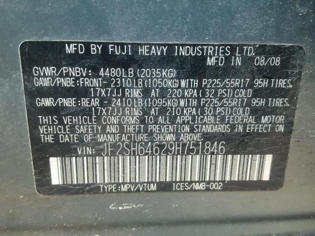 JF2SH64629H751846 - 2009 SUBARU FORESTER 2 GRAY photo 10