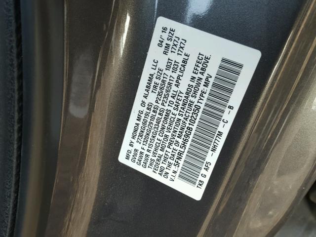 5FNRL5H69GB102350 - 2016 HONDA ODYSSEY EX GRAY photo 10