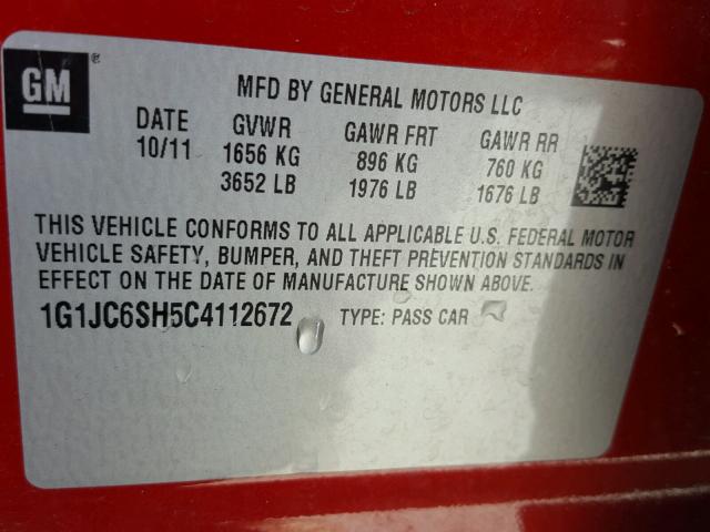 1G1JC6SH5C4112672 - 2012 CHEVROLET SONIC LT RED photo 10