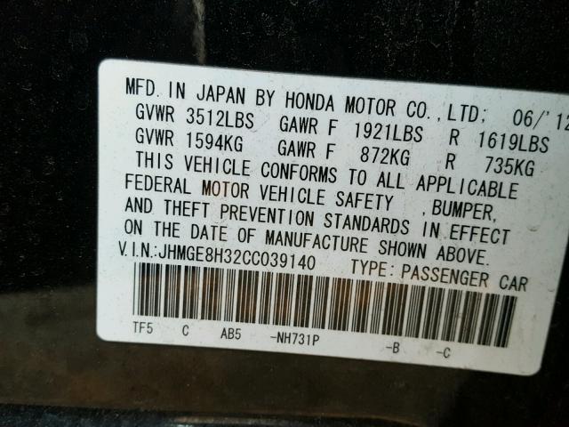 JHMGE8H32CC039140 - 2012 HONDA FIT BLACK photo 10