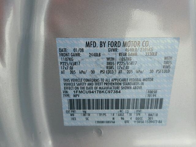 1FMCU94178KC97384 - 2008 FORD ESCAPE LIM SILVER photo 10