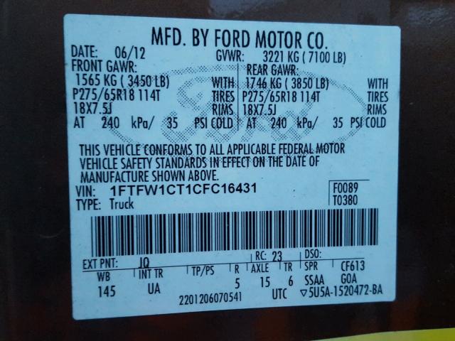 1FTFW1CT1CFC16431 - 2012 FORD F150 SUPER BROWN photo 10