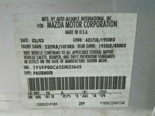 1YVFP80C635M33645 - 2003 MAZDA 6 I SILVER photo 10