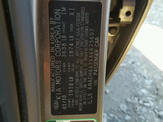 KNADH4A3XA6675697 - 2010 KIA RIO LX Մոխրագույն լուսանկար 10