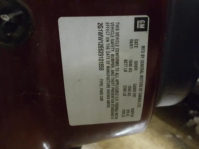 2G1WW12E629101858 - 2002 CHEVROLET MONTE CARL მუქწითელი ფოტო 10