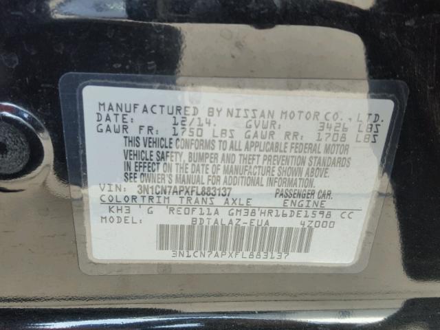 3N1CN7APXFL883137 - 2015 NISSAN VERSA S BLACK photo 10