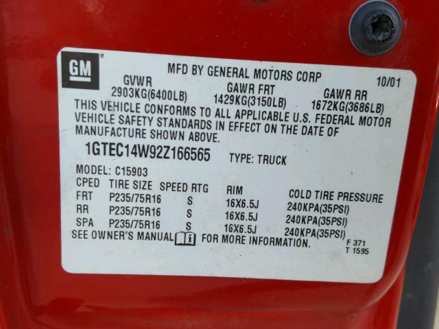 1GTEC14W92Z166565 - 2002 GMC NEW SIERRA RED photo 10