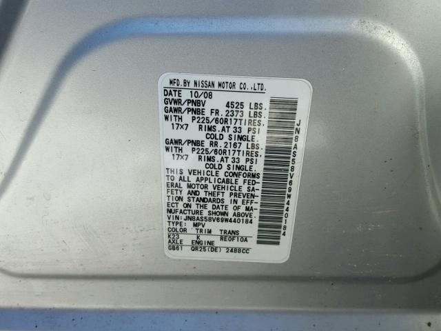 JN8AS58V69W440184 - 2009 NISSAN ROGUE S SILVER photo 10