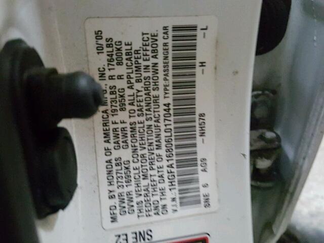 1HGFA16806L017044 - 2006 HONDA CIVIC EX თეთრი ფოტო 10