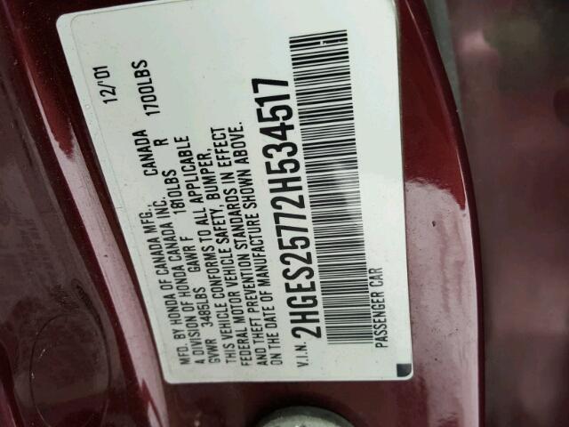 2HGES25772H534517 - 2002 HONDA CIVIC EX BURGUNDY photo 10