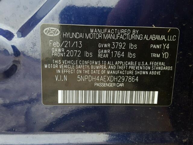 5NPDH4AEXDH297864 - 2013 HYUNDAI ELANTRA GL BLUE photo 10