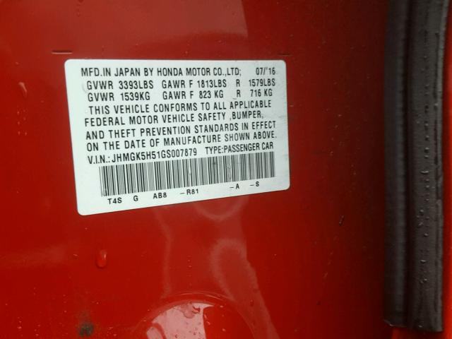 JHMGK5H51GS007879 - 2016 HONDA FIT LX أحمر صورة 10