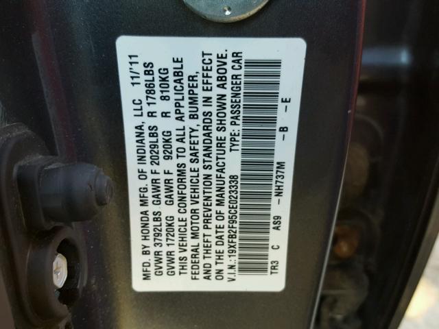 19XFB2F95CE023338 - 2012 HONDA CIVIC EXL GRAY photo 10