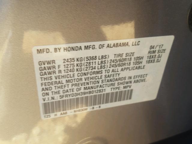 5FRYD3H39HB012831 - 2017 ACURA MDX WHITE photo 10