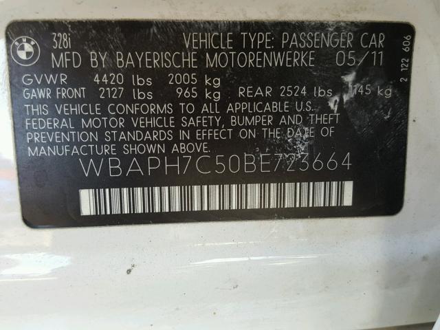 WBAPH7C50BE723664 - 2011 BMW 328 I WHITE photo 10