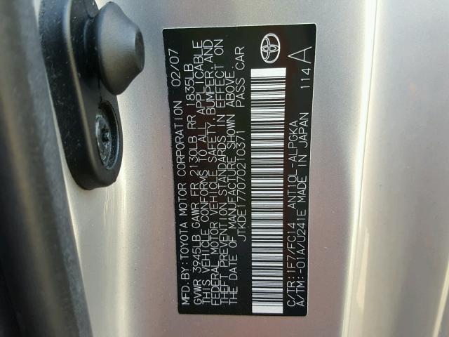 JTKDE177070210371 - 2007 TOYOTA SCION TC 银色 照片 10