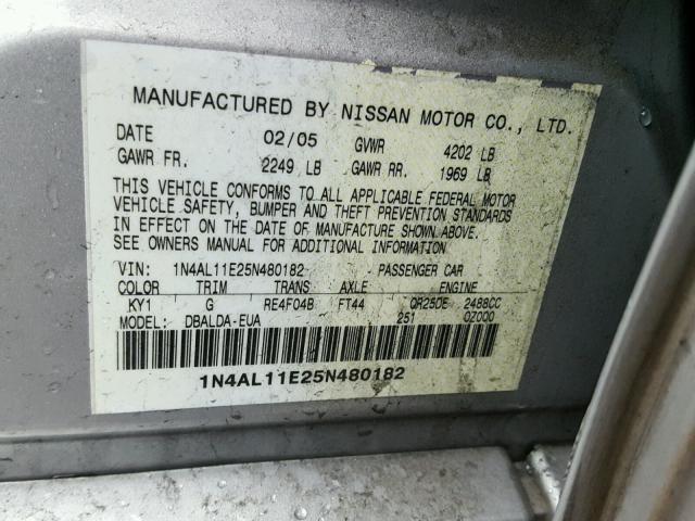 1N4AL11E25N480182 - 2005 NISSAN ALTIMA S SILVER photo 10