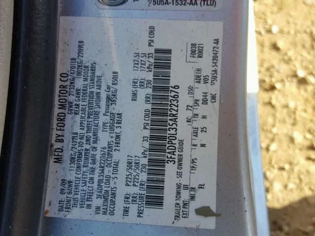 3FADP0L35AR223676 - 2010 FORD FUSION HYB SILVER photo 10