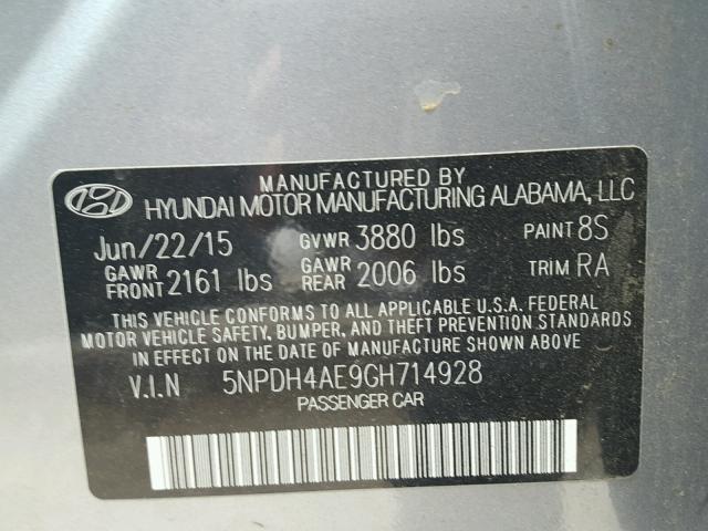 5NPDH4AE9GH714928 - 2016 HYUNDAI ELANTRA SE GRAY photo 10